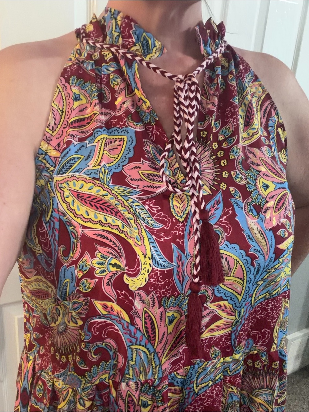 NWT Burgundy Paisley Halter Neck Maxi Dress with Gold Accents Size M